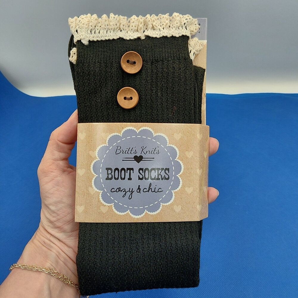 Britts Knits Black Knee High Boot Socks Crochet Lace Cuff Cottagecore Boho NWT